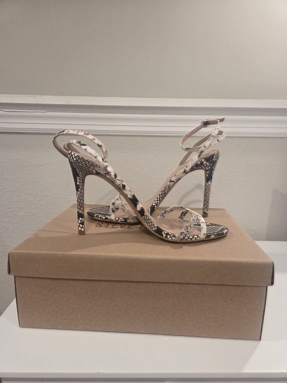 Steve Madden Women's Snakeskin Ankle-Strap Sandals in Beige/Black - Picture 2 of 4